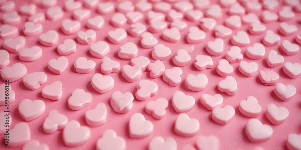 Poster A close-up view of numerous small pink heart-shaped candies arranged in a grid-like pattern on a pink background