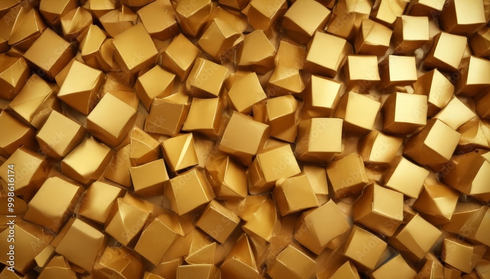 Poster A close-up view densely packed arrangement of golden cubes, creating a visually striking and textured pattern