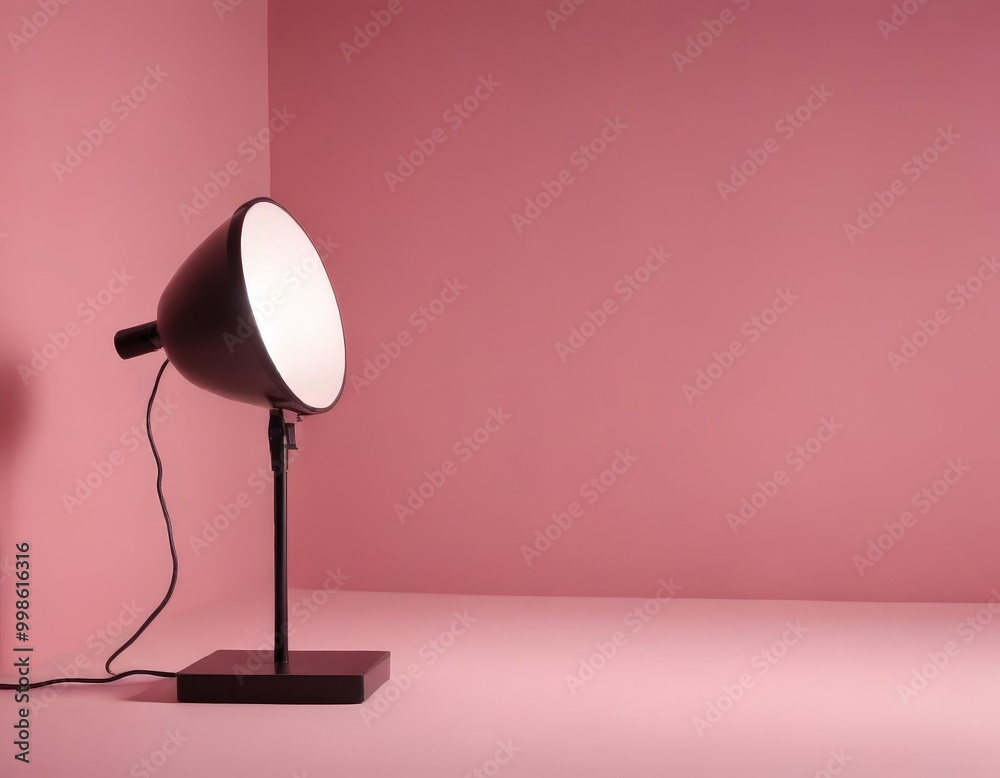 Poster a black table lamp with a round shade and a long black cord stands on a black base, positioned again