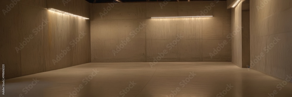 Poster a dimly lit, empty room with concrete walls and a concrete floor two rectangular light fixtures are 