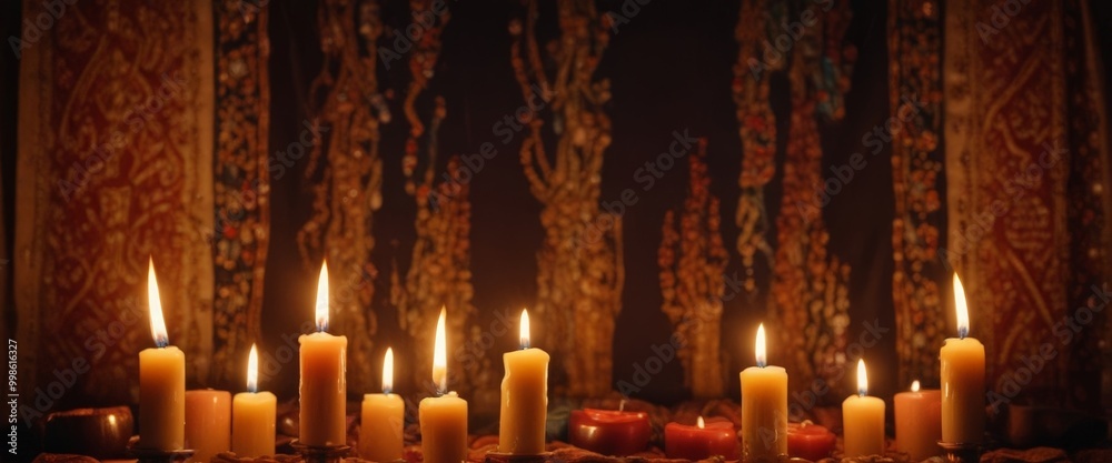 Aufkleber A row of lit candles in various sizes and colors stands against a dark background with intricate patterns and designs