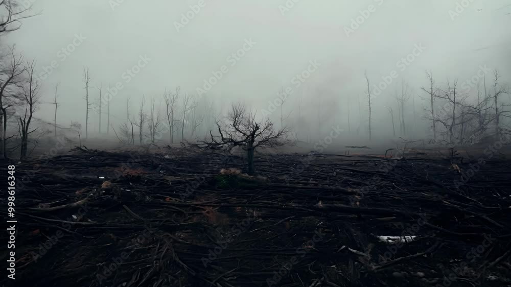 Poster lone tree stands tall in a snowy, foggy deforested area, creating a haunting and desolate atmosphere