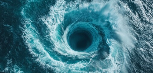 A powerful whirlpool swirling in the ocean, creating a vortex that pulls water downward