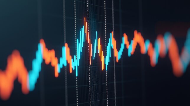 Dynamic data visualization with vibrant blue and orange graphs representing statistical trends and analysis.