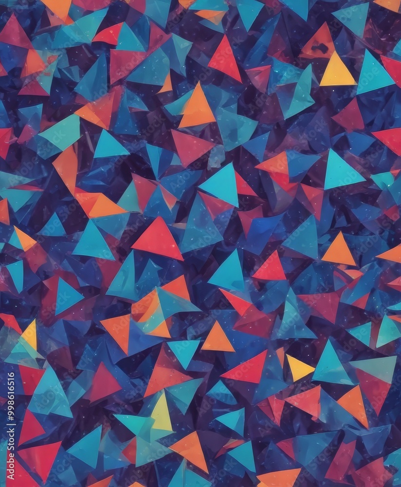 Aufkleber a vibrant and abstract pattern composed of numerous overlapping triangles in various shades of blue, orange, and red, creating a visually striking and dynamic composition