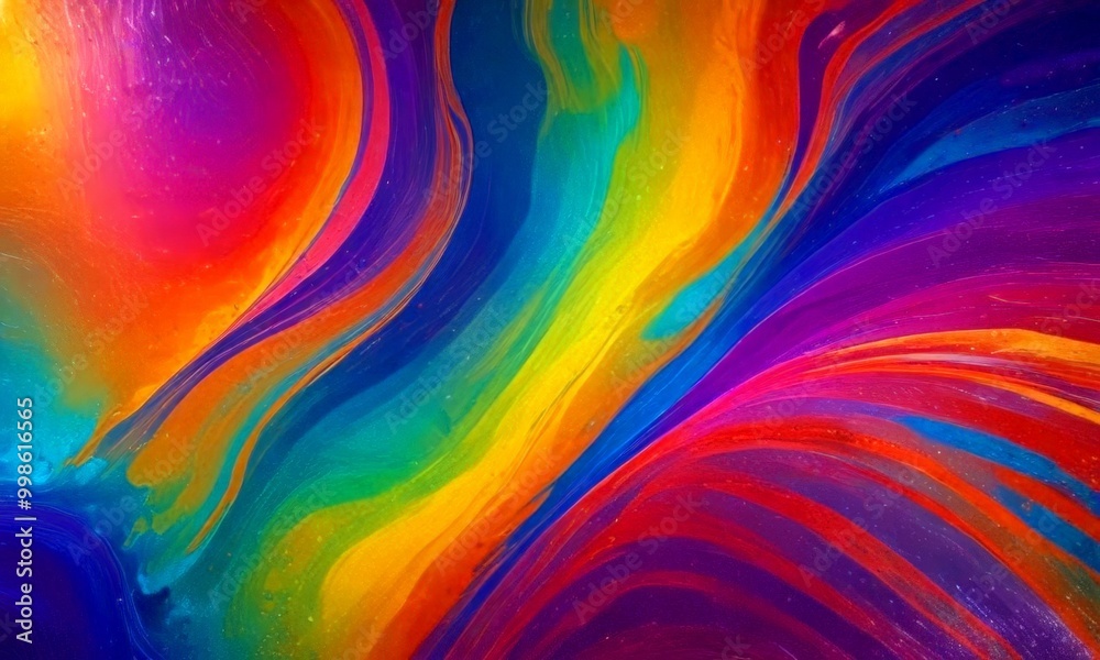 Poster a vibrant abstract painting with swirling patterns of blue, orange, yellow, and purple hues, creatin