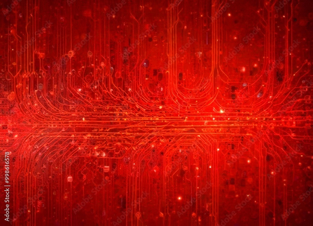 Aufkleber a digital circuit board with a complex network of red and orange lines and dots, creating a sense of depth and dimensionality