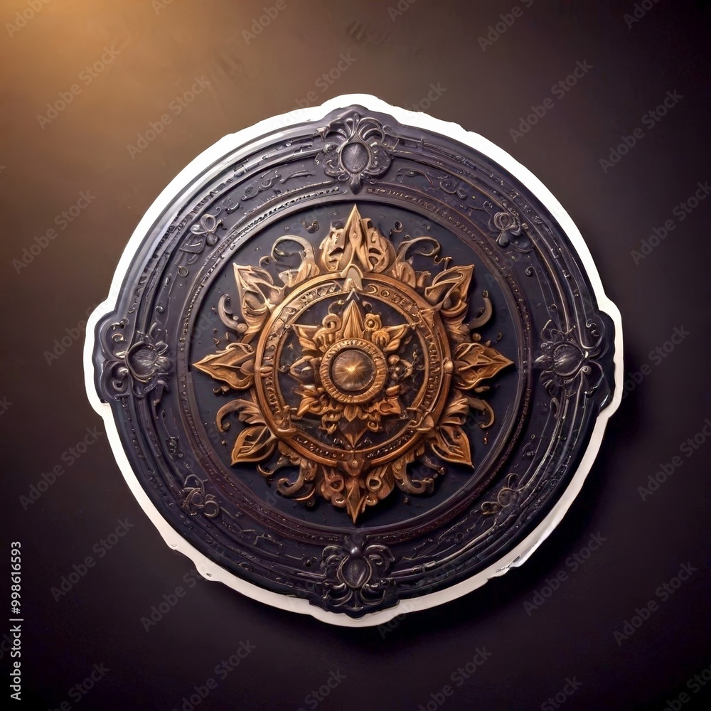 Aufkleber a decorative metal shield with a central design featuring a sun-like motif surrounded by intricate f