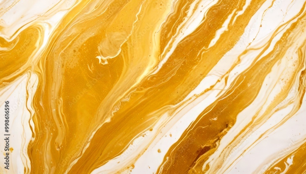 Poster a close-up view marble-like surface with a swirling pattern of yellow and white paint, creating a sense of movement and depth