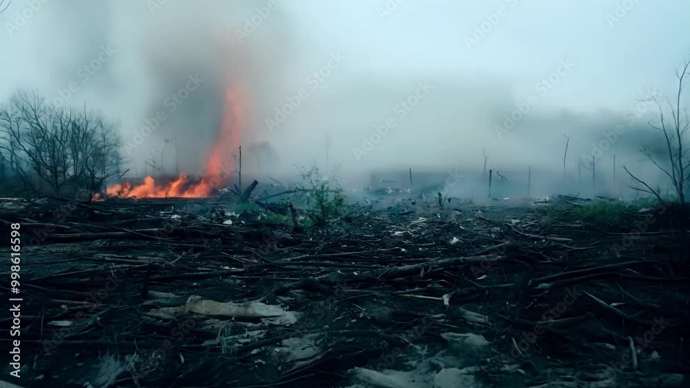Poster wildfire burning through a forest leaving a trail of destruction and ash, illustrating the devastati