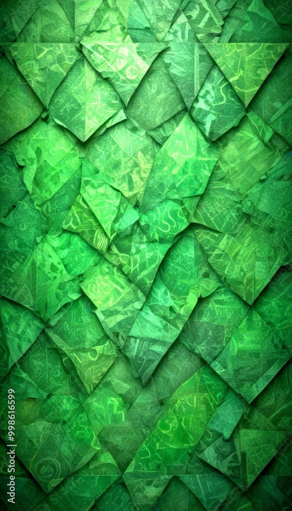 Aufkleber a textured background composed of overlapping green paper cutouts arranged in a diamond pattern The overlapping shapes create a sense of depth and complexity, with