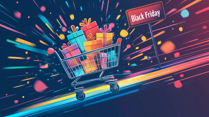 Vibrant Black Friday shopping scene featuring a cart filled with colorful gift boxes speeding past a sign, with energetic lines and bursts of color representing excitement.