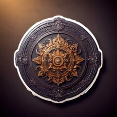 Fototapeta premium a decorative metal shield with a central design featuring a sun-like motif surrounded by intricate floral and leaf-like patterns