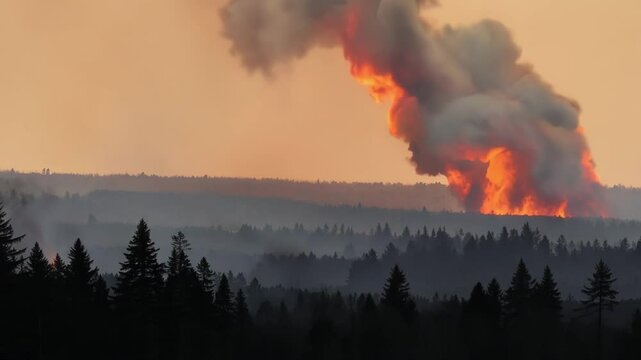 Massive wildfire blazing through a forest. Engulfing everything in its path with red and orange smoke glowing in the sunset