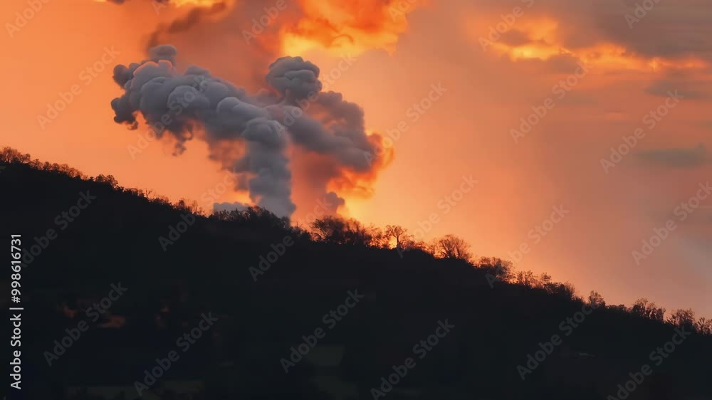 Poster massive explosion erupts, sending black smoke into the sky, illuminated by the setting sun. the imag