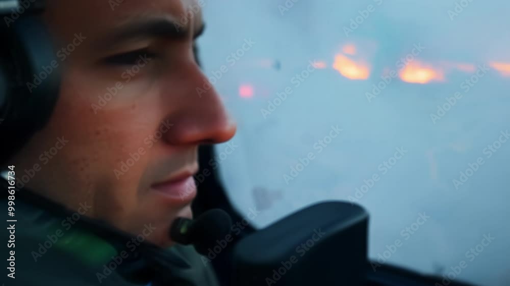Poster helicopter pilot is illuminated by the intense glow of a wildfire raging across the landscape below,
