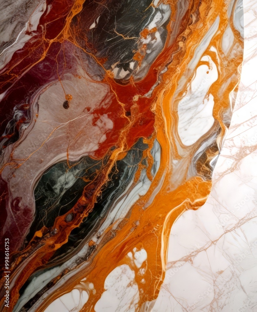 Poster a close-up view marble surface with a striking abstract pattern of swirling colors and textures, including shades of red, orange, and white