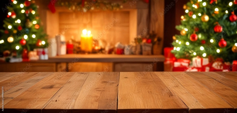 Aufkleber a wooden table in the foreground is set against a blurred background featuring a christmas tree with
