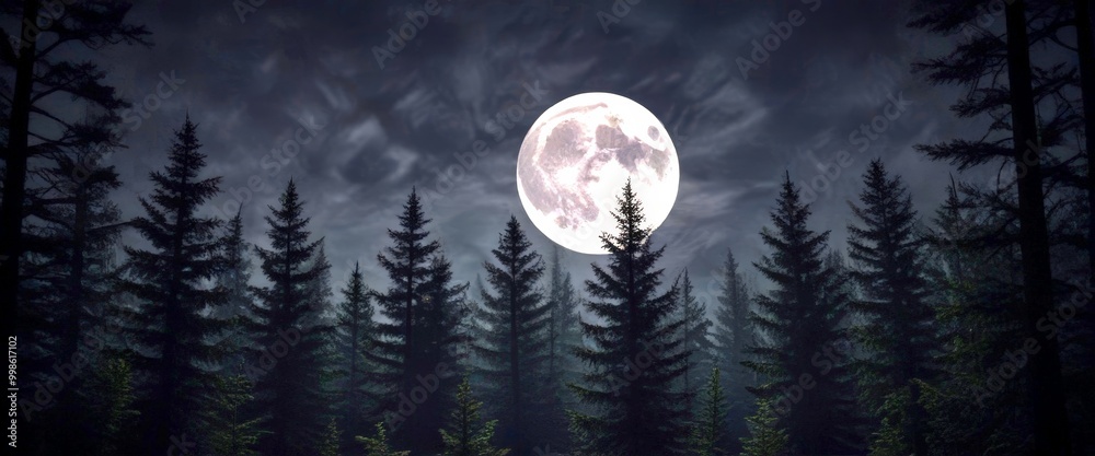 Poster a full moon shines brightly over a dense forest, casting an ethereal glow on the surrounding pine tr