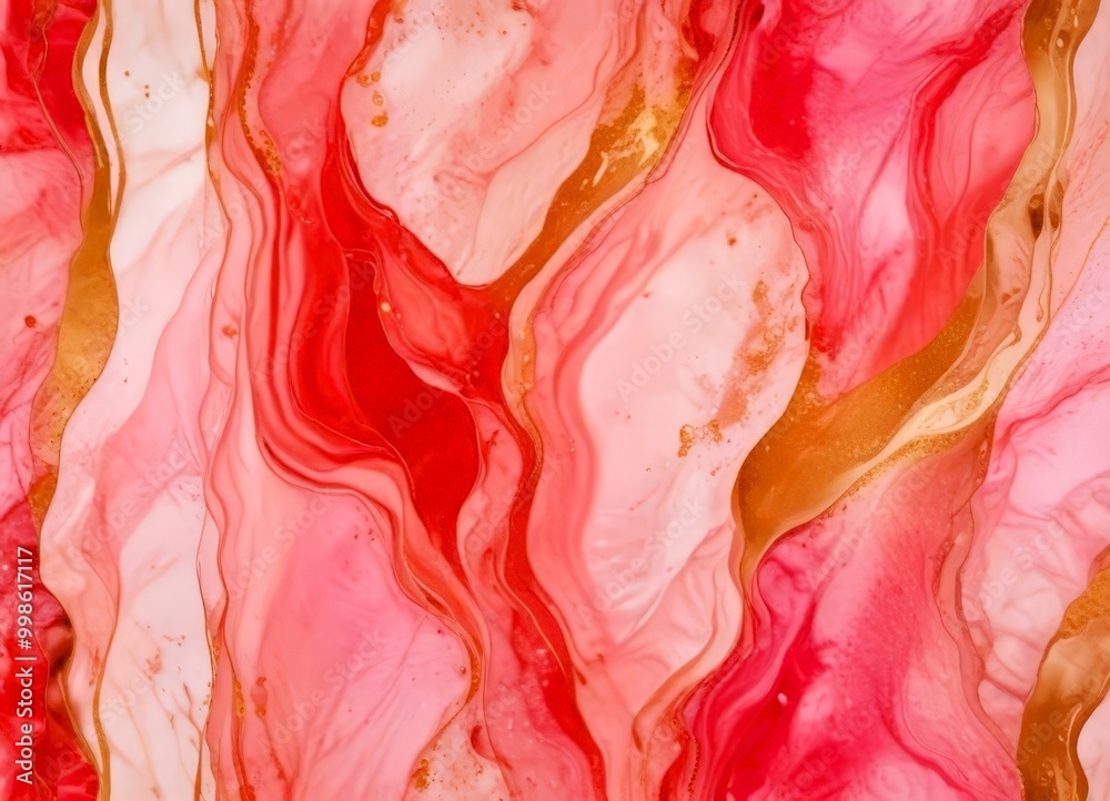 Poster a vibrant abstract pattern composed of pink and red hues, with gold accents adding depth and contrast The pattern is composed of vertical lines and swirls, creating a dynamic