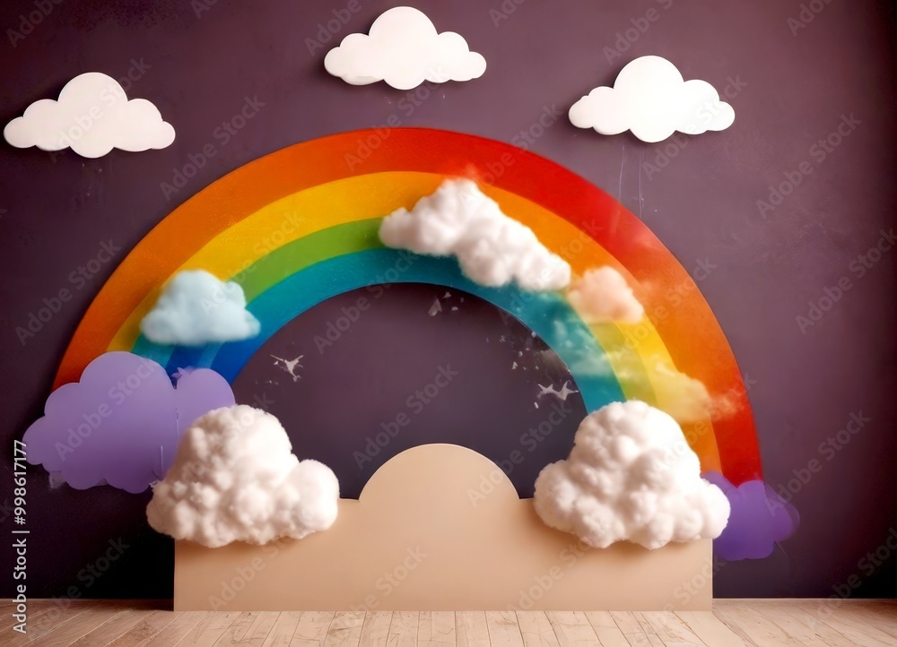 Aufkleber a whimsical scene featuring a large rainbow arching across a dark background, with fluffy white clou