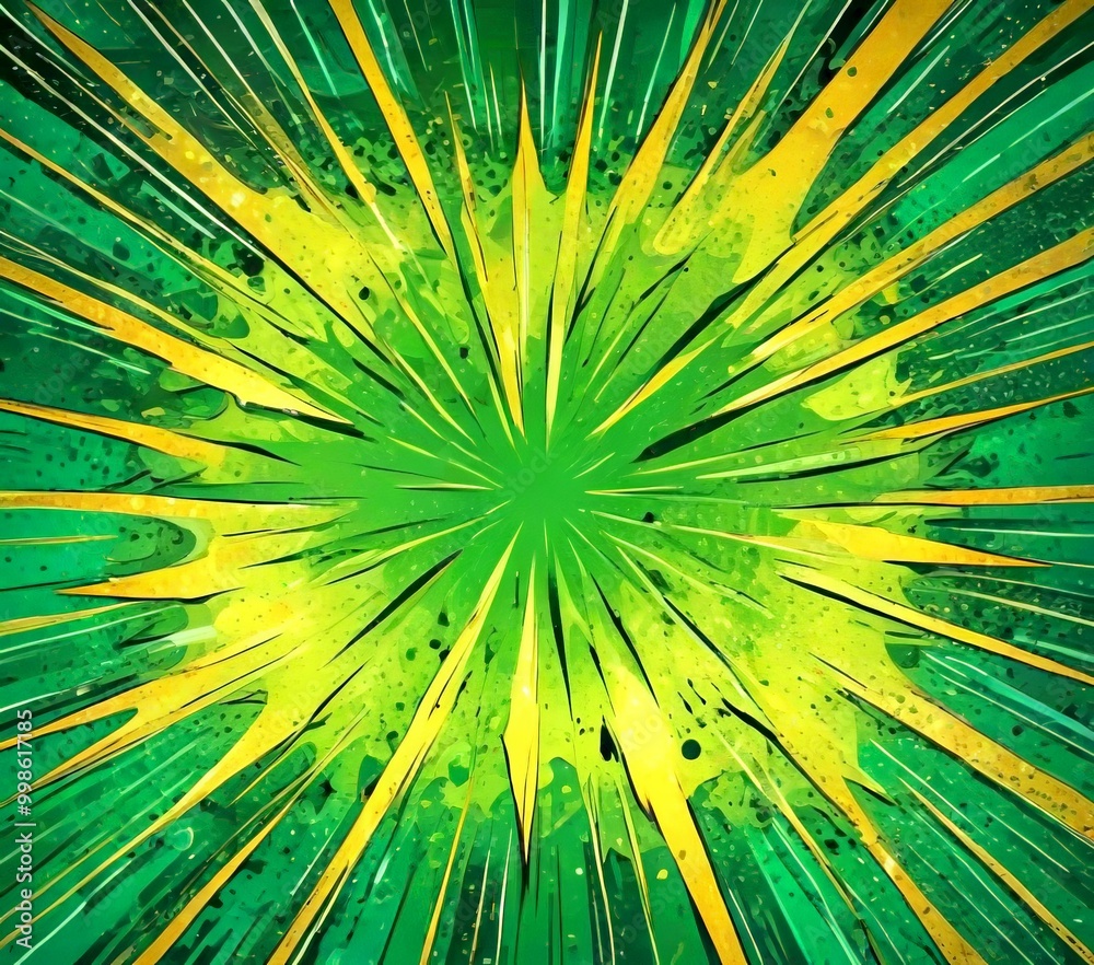 Poster a vibrant, abstract explosion-like design with a central green and yellow burst radiating outwards i