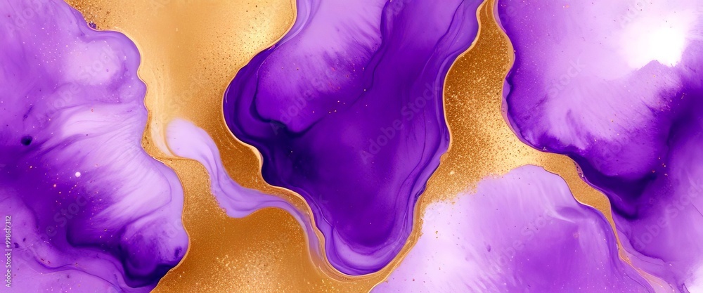Poster abstract art with a purple and gold color scheme, featuring swirling patterns and splashes of color