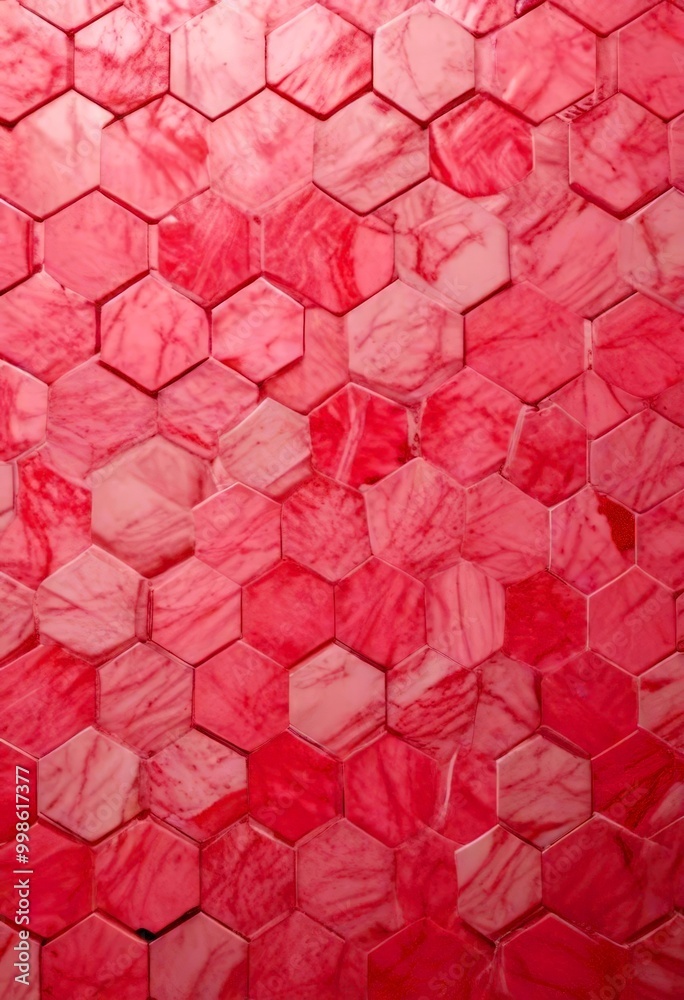 Poster A close-up view pink marble-like tile pattern, composed of hexagonal tiles arranged in a repeating pattern