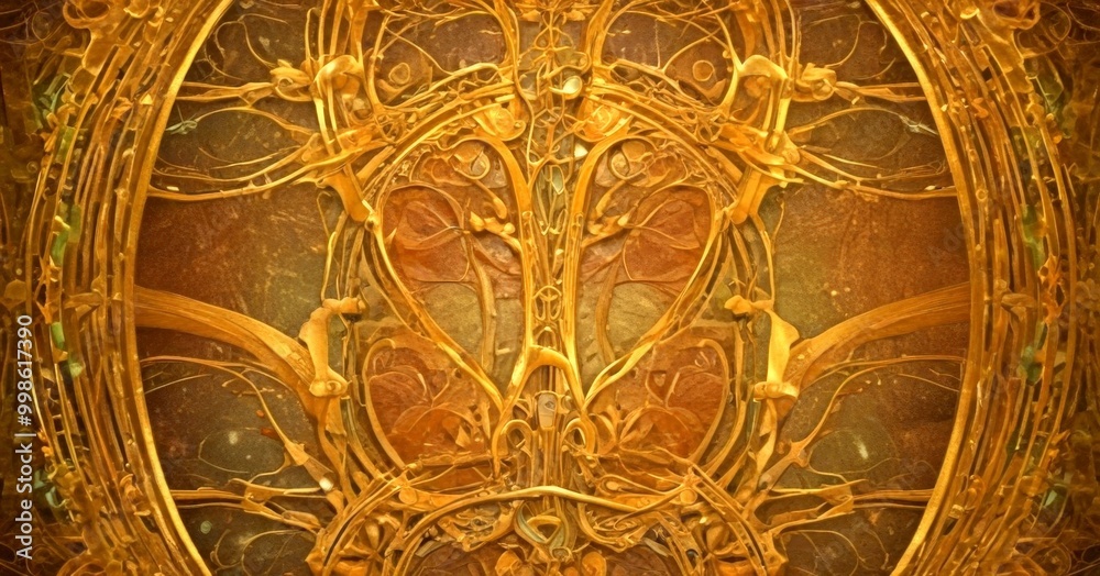 Fototapete an intricate, ornate golden design with a symmetrical pattern of organic shapes and lines, creating a visually striking and detailed composition