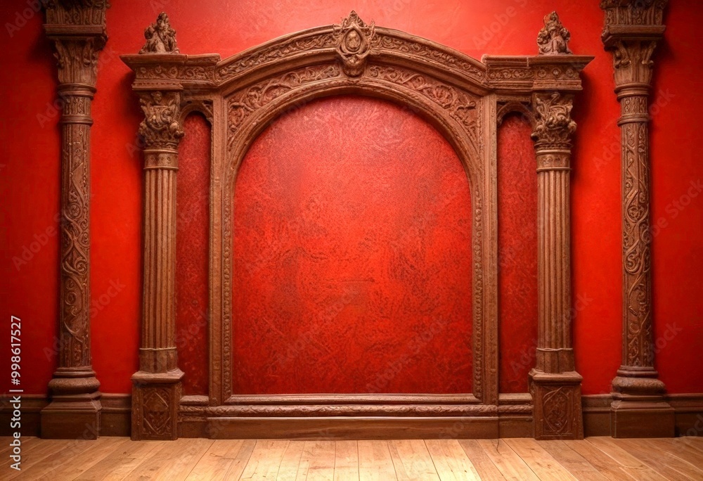 Poster an ornate wooden archway with intricate carvings and columns stands against a red wall, creating a s