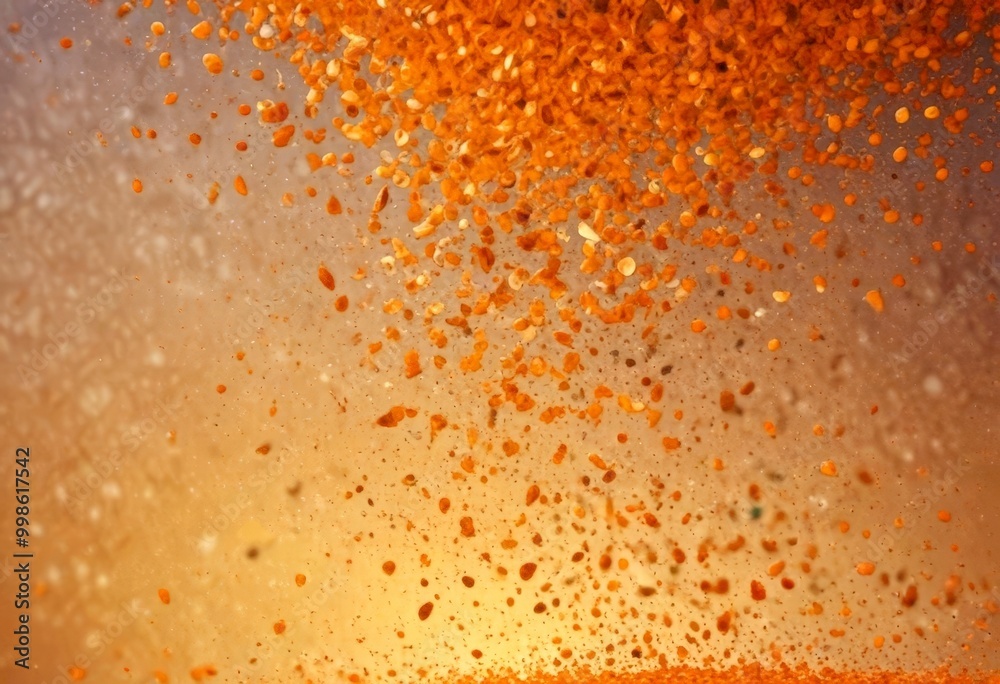 Poster a close-up view multitude of small orange and brown stones or grains falling or floating in a light 