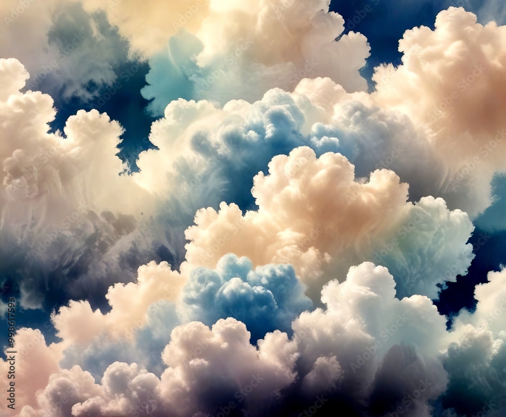 Poster a captivating sky filled with fluffy white and light blue clouds, creating a serene and dreamy atmos