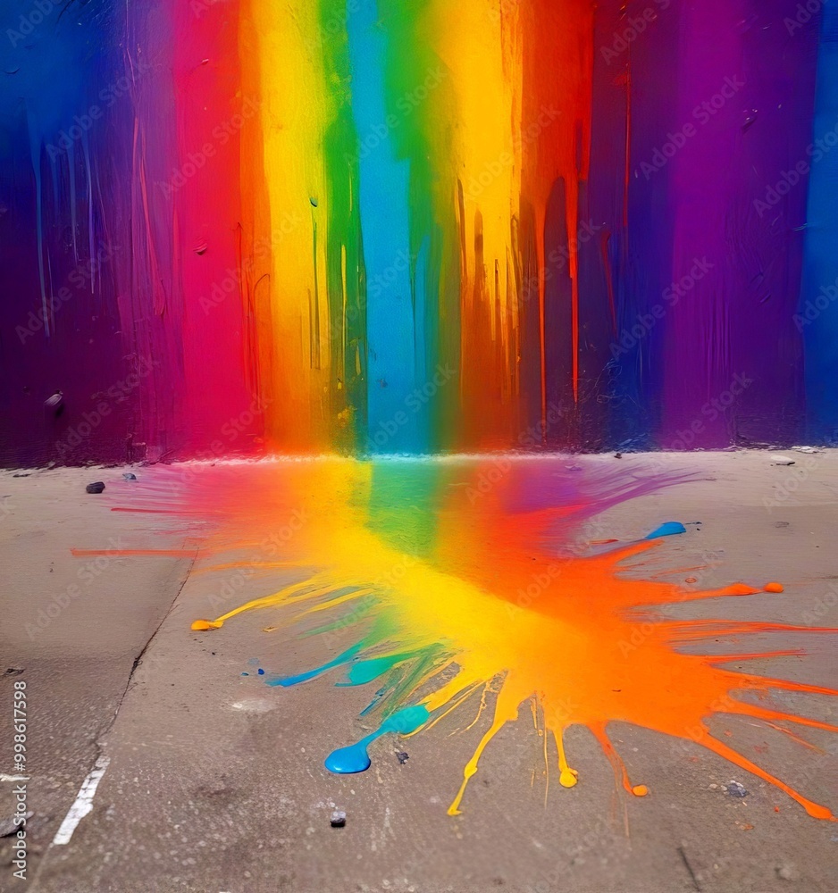 Poster a vibrant rainbow-colored paint drips down a concrete wall, creating a dynamic and visually striking
