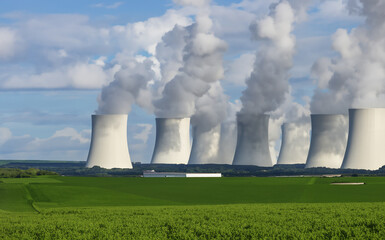 AI-generated nuclear power facility positioned on a lush green field