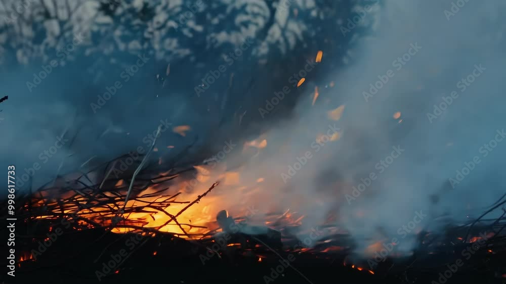 Poster intense orange flames engulf a forest in smoke and heat during a devastating wildfire. leaving destr