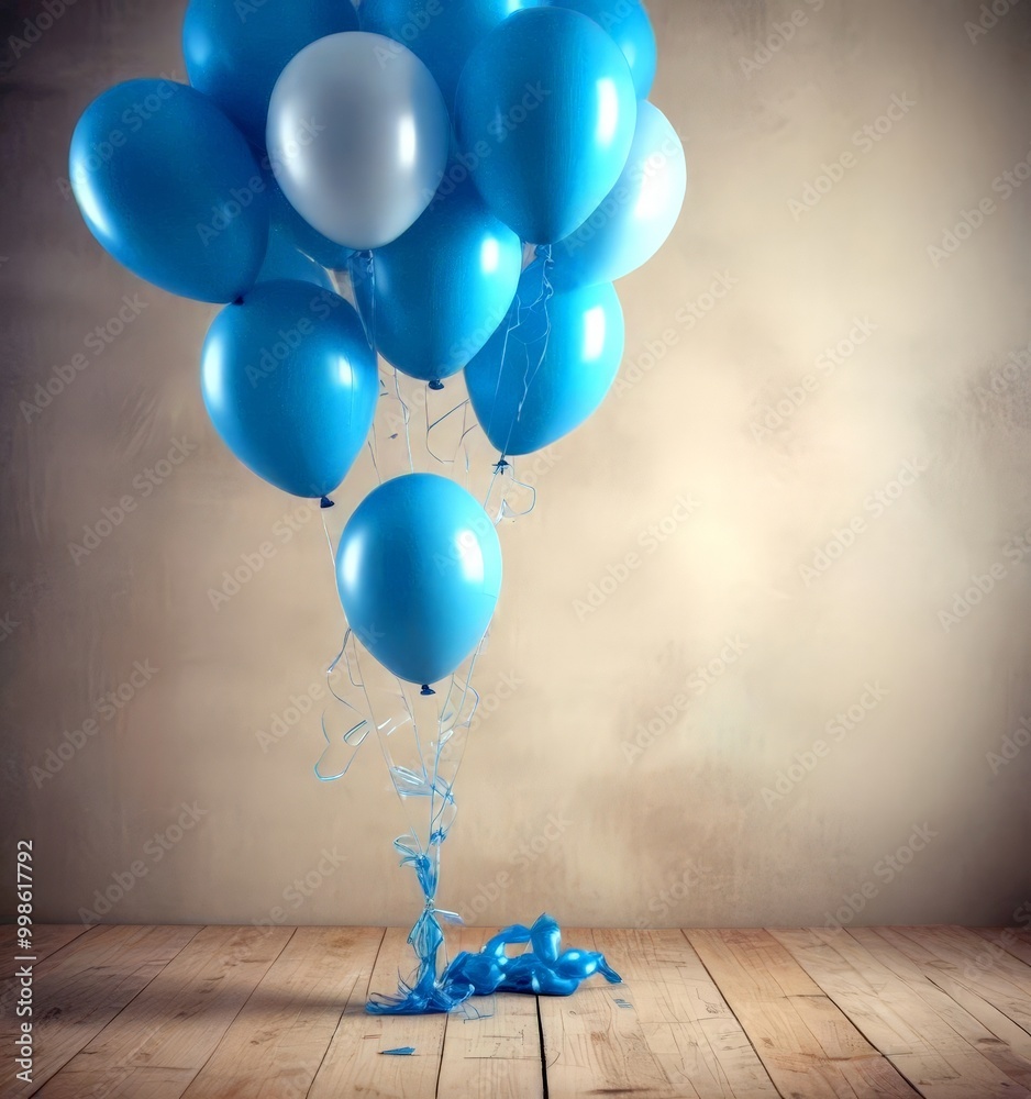 Poster a cluster of blue and white balloons floats against a beige wall, with one balloon appearing to be d