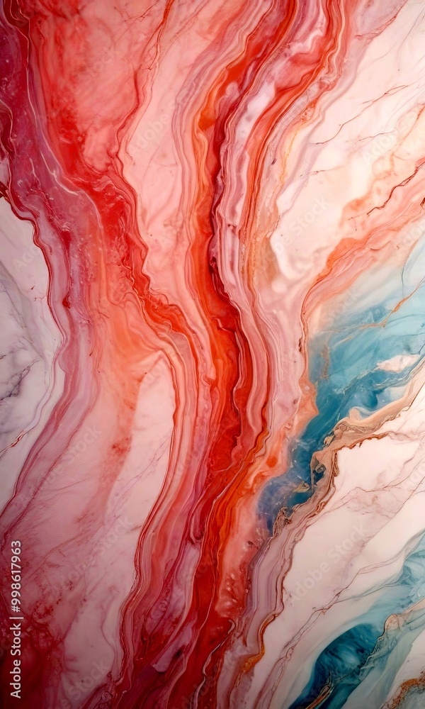 Poster a marble surface with a swirling pattern of pink, orange, and blue hues, creating a captivating abst