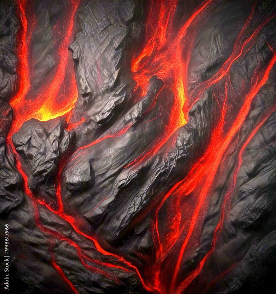 Poster a close-up view dark, rocky surface with a fiery, molten lava flow cascading down its sides the lava
