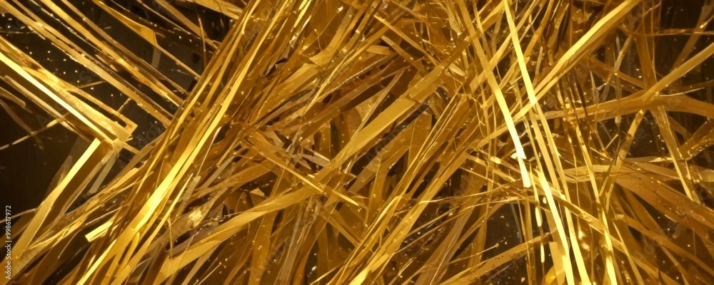 Poster a close-up view textured, golden-colored material resembling grass or straw, with a dark background 