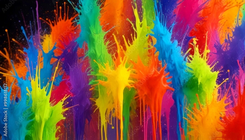 Poster a vibrant abstract painting featuring a multitude of colorful paint splatters in various shades of b