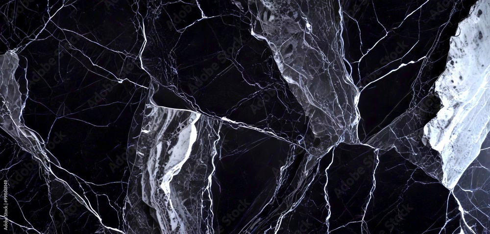 Poster a close-up view black marble surface with a distinctive pattern of white veins and cracks