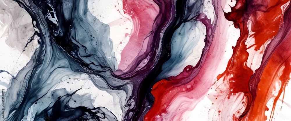 Poster abstract art: a close-up view painting with swirling patterns of black, pink, and orange paint, crea