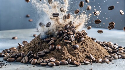 Explosion splash of ground coffee or cocoa powder with freeze isolated on background, pile of splatter of coffee grind dust powder, brown shattered beans.