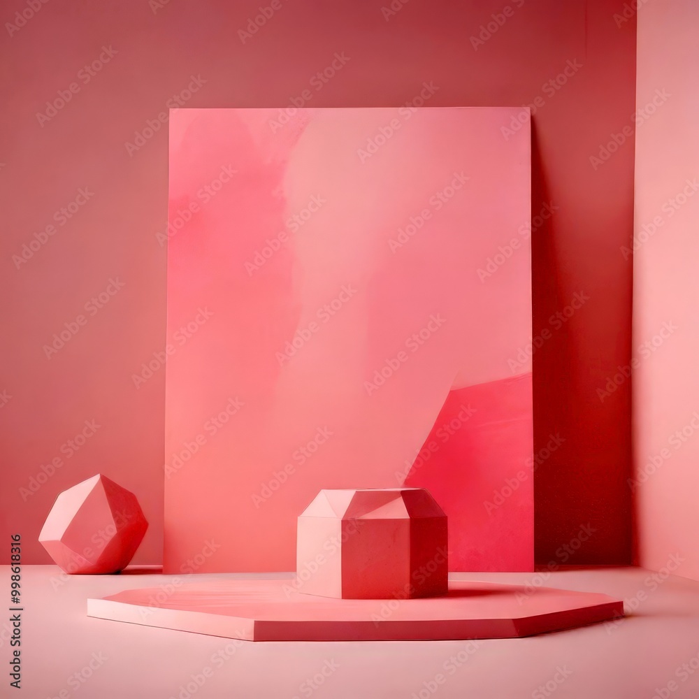Poster a minimalist art installation featuring three geometric shapes in a pink color, with a large pink pa