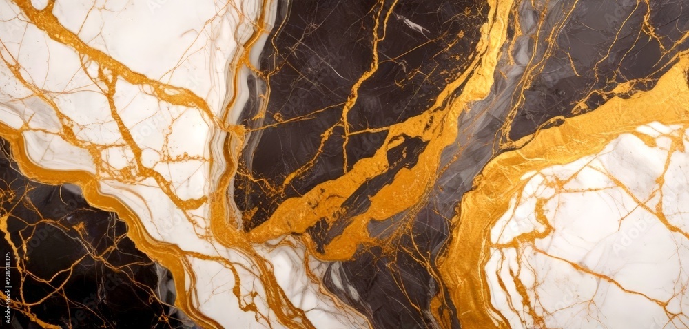 Poster a close-up view marble surface with a striking pattern of gold and black swirls and lines