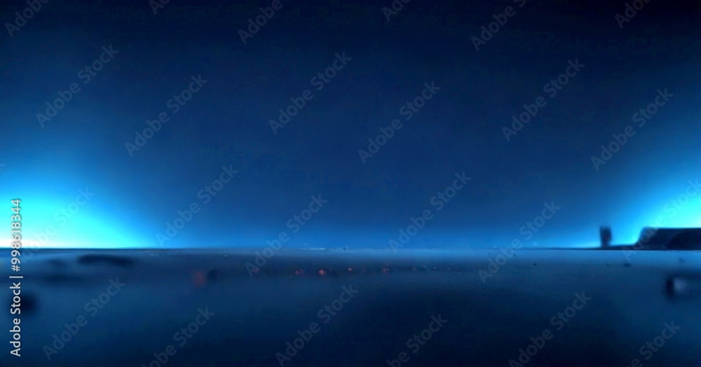 Poster a serene, dark landscape with a faint outline building in the distance, illuminated by a soft, blue 