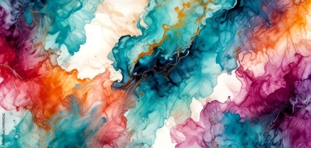 Leinwandbilder The showcases a vibrant abstract painting with swirling patterns of blue, orange, and pink hues, creating a dynamic and captivating visual experience