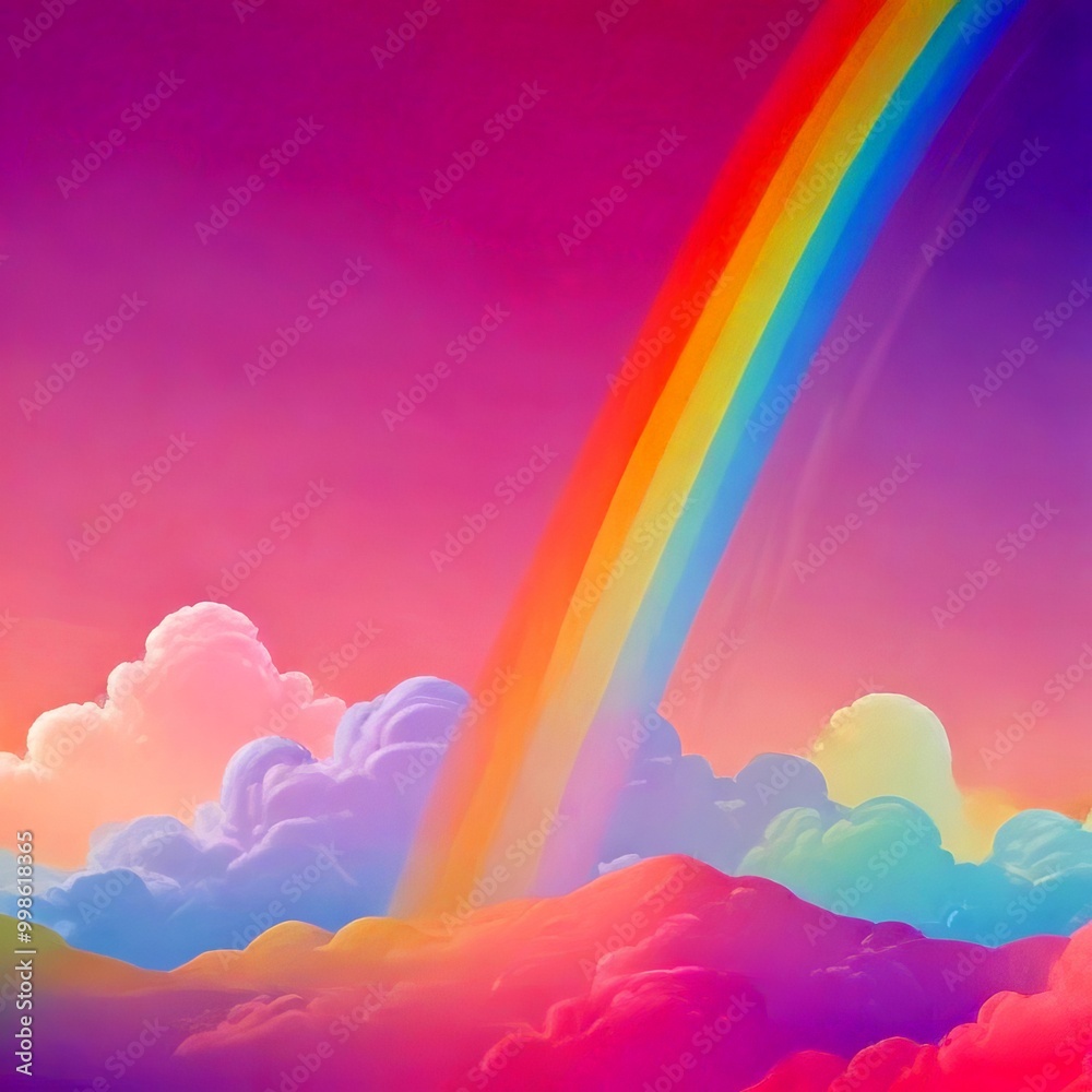 Poster a vibrant rainbow arches across a serene sky, its colors blending harmoniously with the soft hues of
