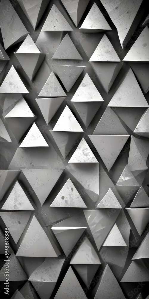 Poster A monochromatic repeating pattern of triangular shapes, varying in size and orientation, creating a visually striking and geometric design