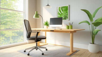 Modern Home Office with Green Plants and Natural Light